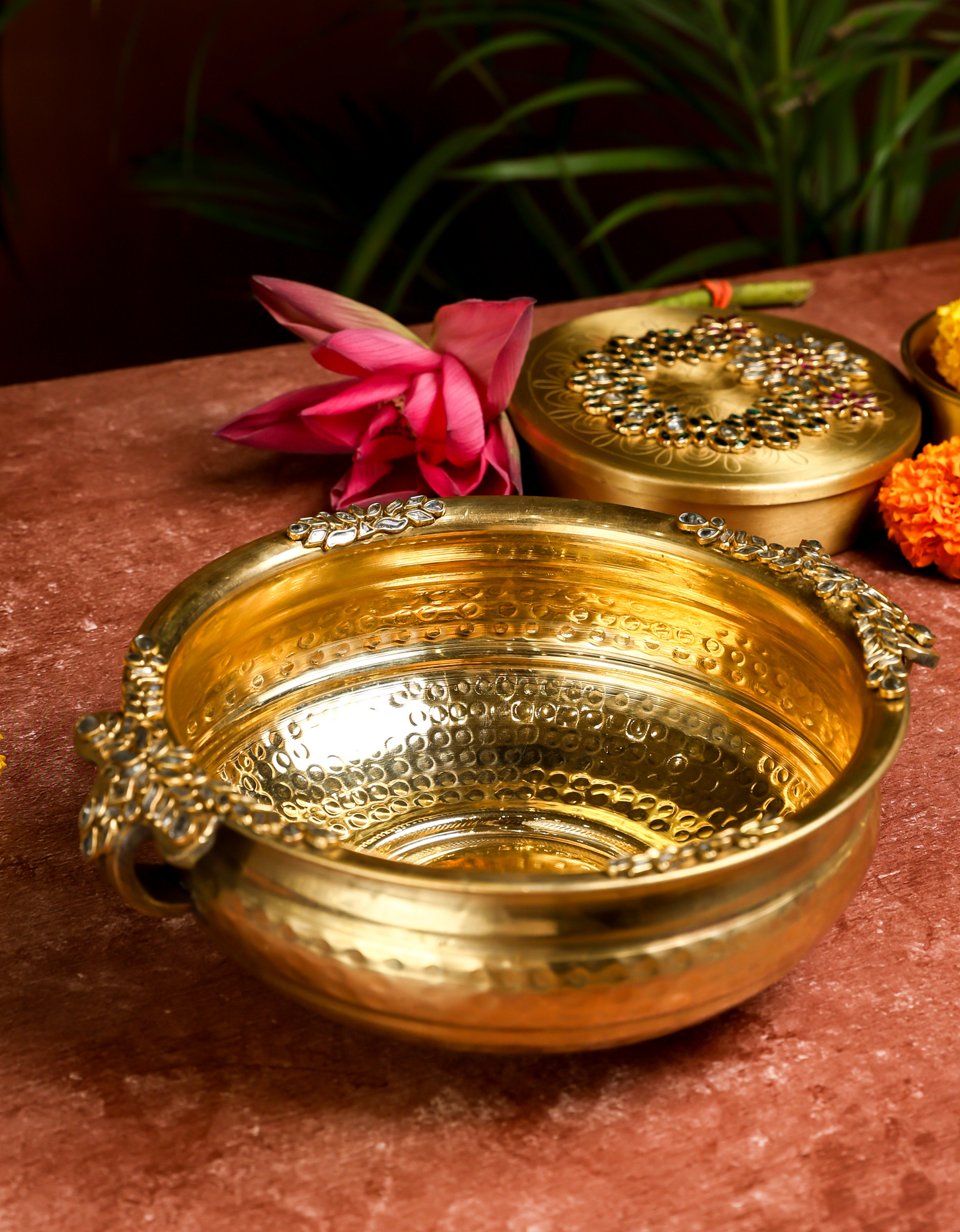 Premium Brass Urli – Embellished Floral Design