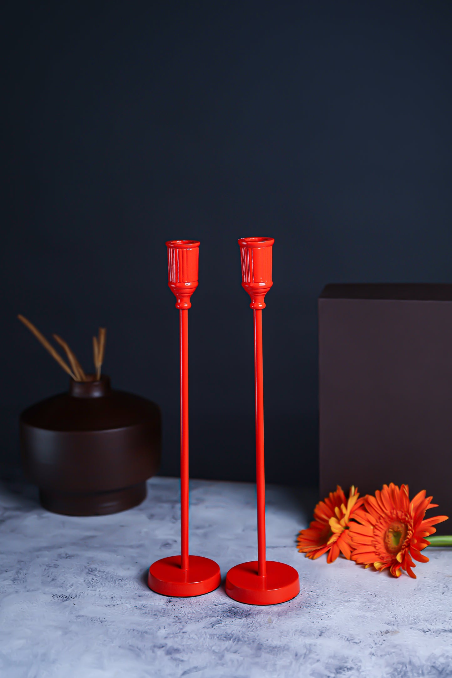 Handcrafted Orange Metal Taper Candle Stand – Set of 2