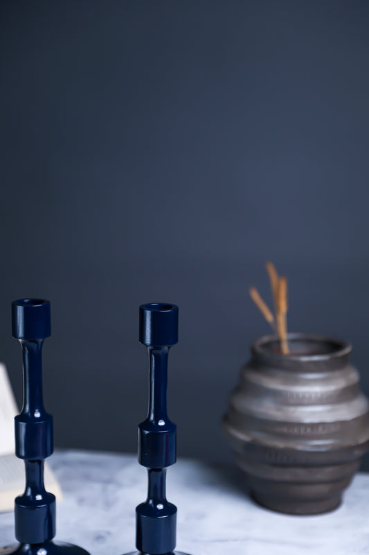 Premium Dark Blue Metal Candle Stand – Set of 2