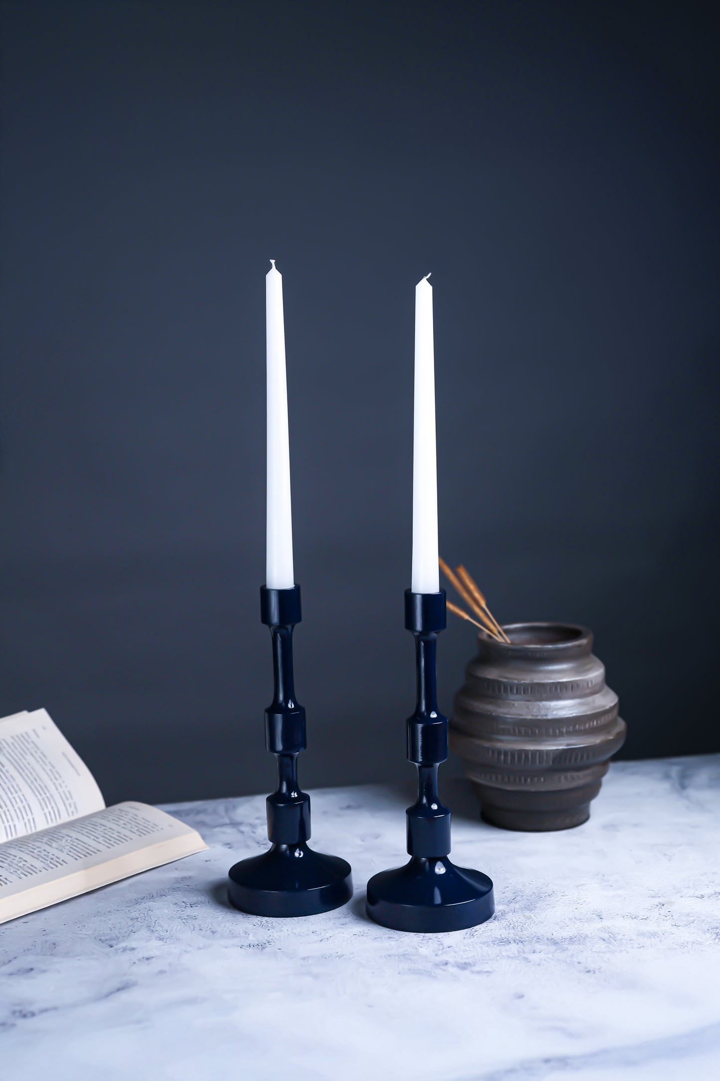 Premium Dark Blue Metal Candle Stand – Set of 2