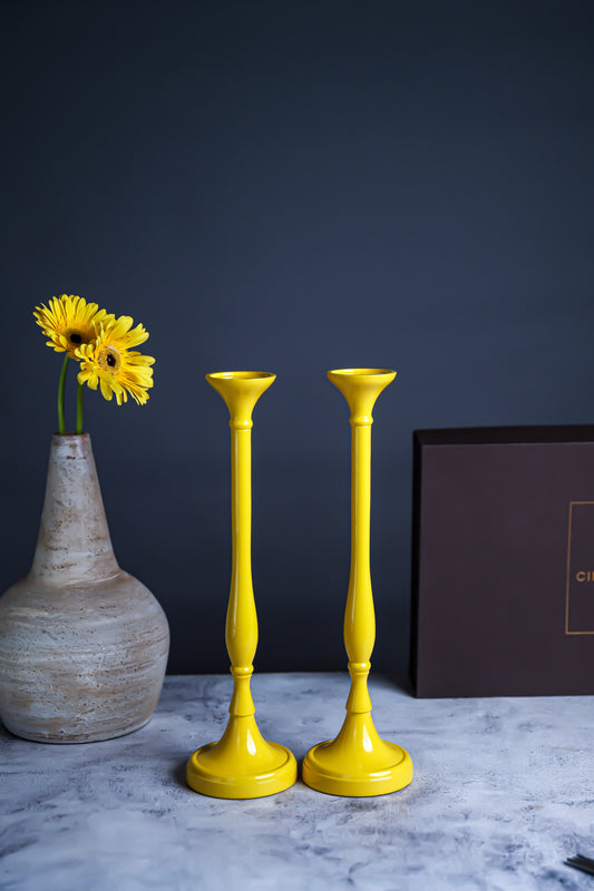 Handcrafted Yellow Candle Pillar Stand – Set of 2