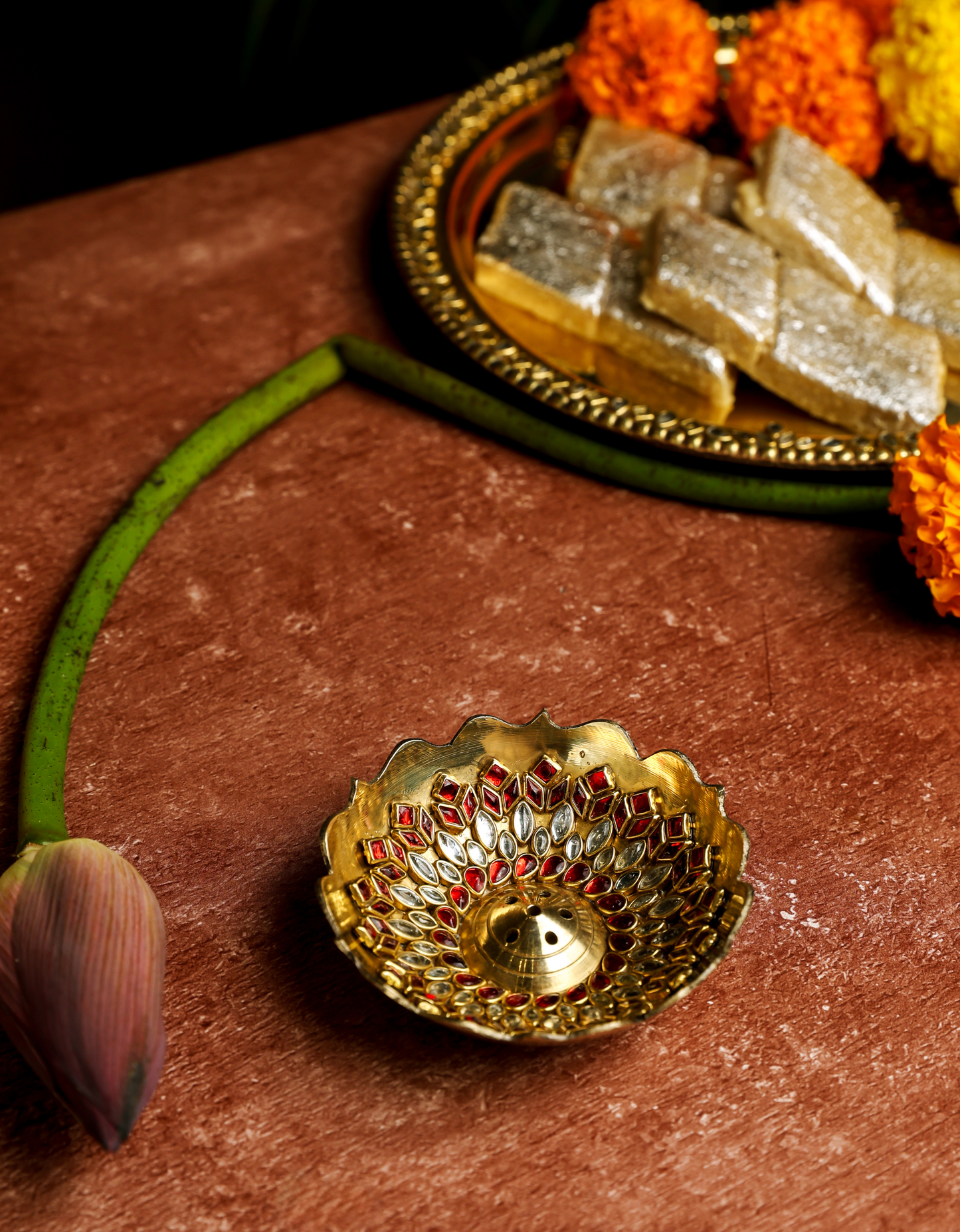 Premium Brass Agarbatti Holder with Decorative Stones