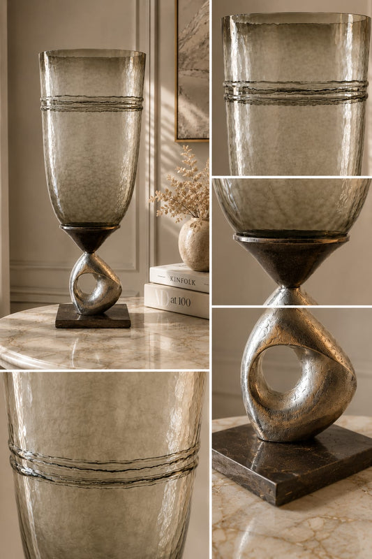 Smoky Glass Vase with Sculptural Metal Base - Large