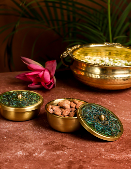 Brass Container Set with Etched Mandala Lid