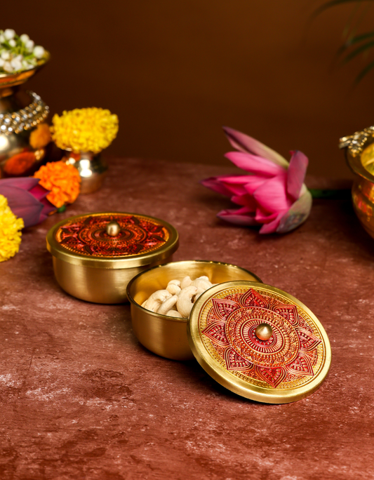 Brass Container Set with Etched Mandala Lid