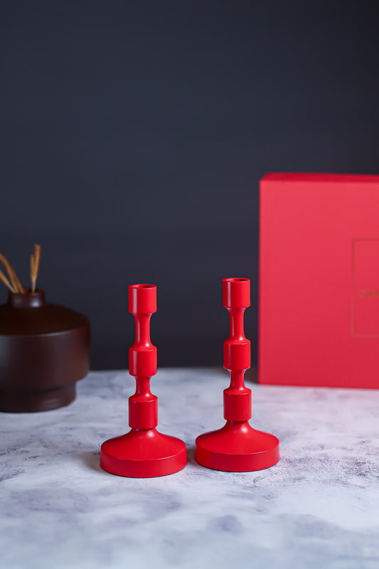 Classic Red Metal Candle Stand – Set of 2
