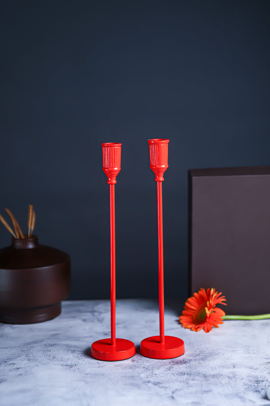 Handcrafted Orange Metal Taper Candle Stand – Set of 2