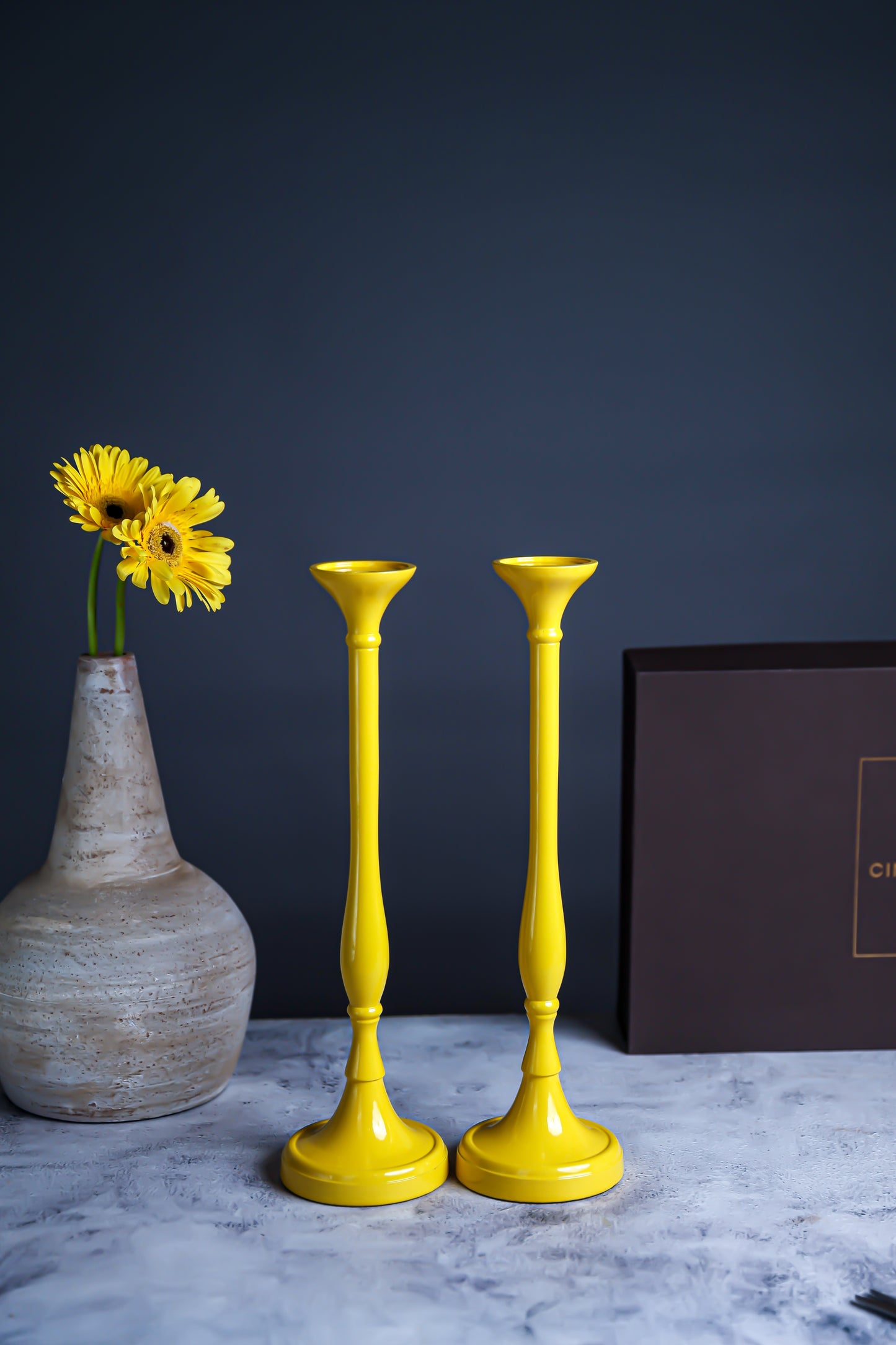 Handcrafted Yellow Candle Pillar Stand – Set of 2