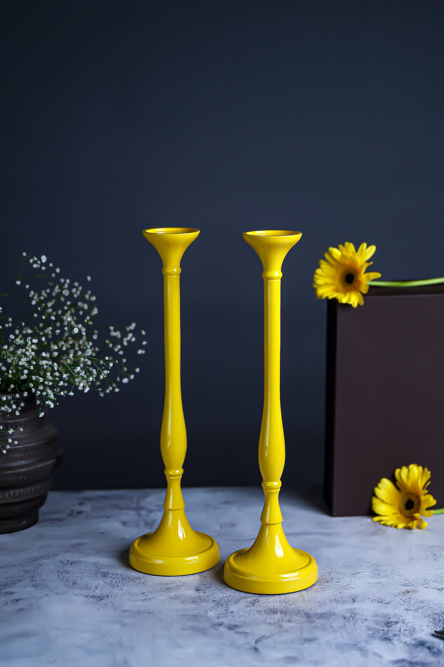 Handcrafted Yellow Candle Pillar Stand – Set of 2