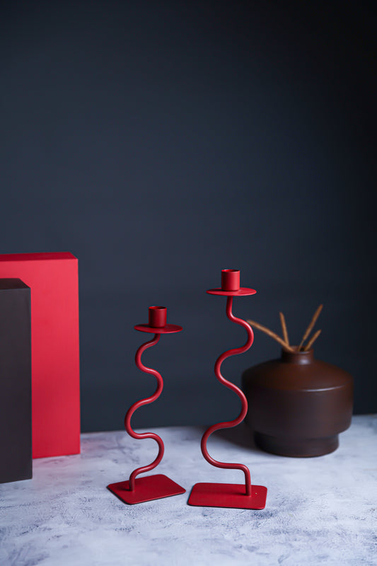 Handcrafted Red Zig-Zag Metal Candle Stand (Set of 2)