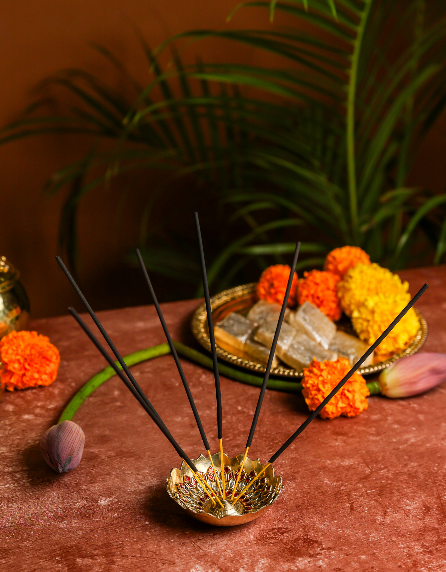 Premium Brass Agarbatti Holder with Decorative Stones