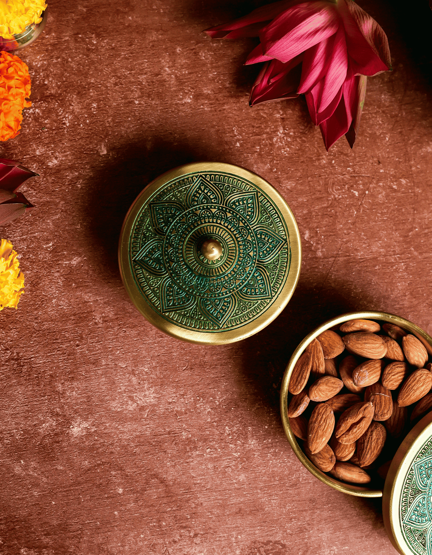 Brass Container Set with Etched Mandala Lid