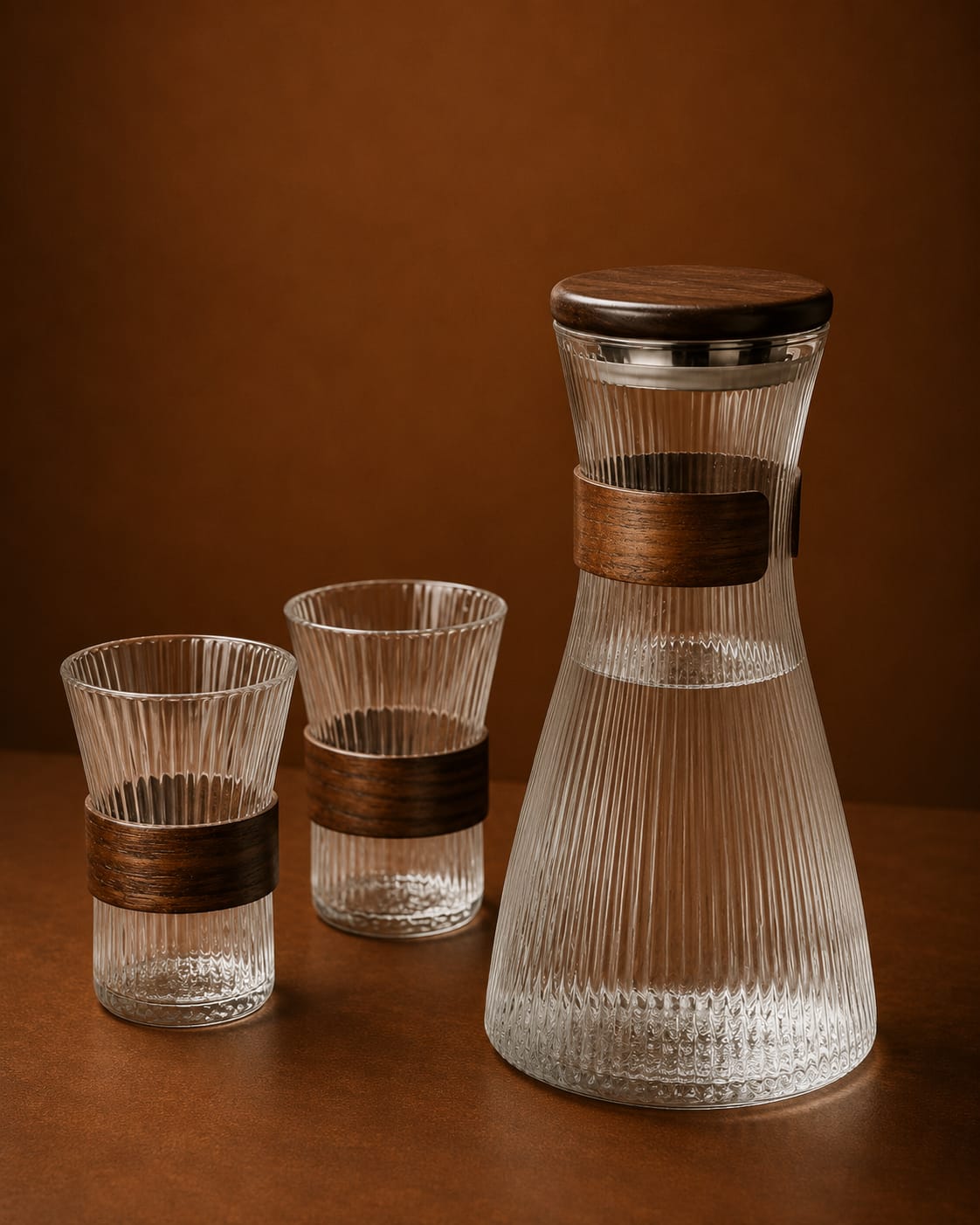 Wooden Rimmed 6 Glasses and Jug Set