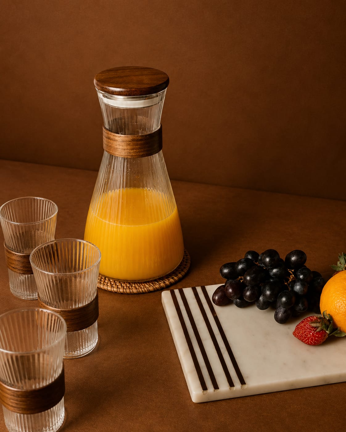 Wooden Rimmed 6 Glasses and Jug Set