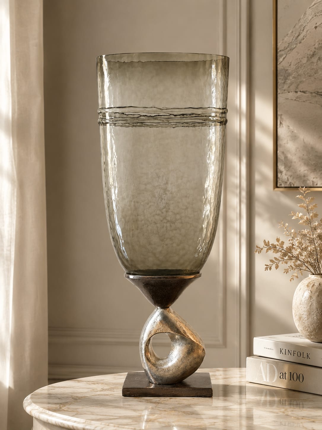 Smoky Glass Vase with Sculptural Metal Base - Large