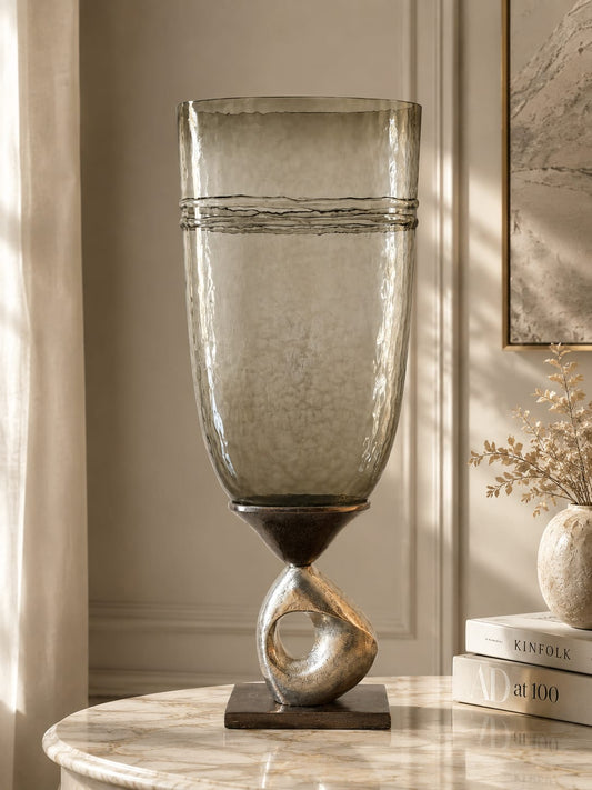 Smoky Glass Vase with Sculptural Metal Base - Large