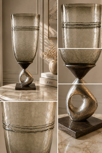 Smoky Glass Vase with Sculptural Metal Base - Large