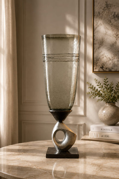 Smoky Glass Vase with Artistic Metal Base - Medium