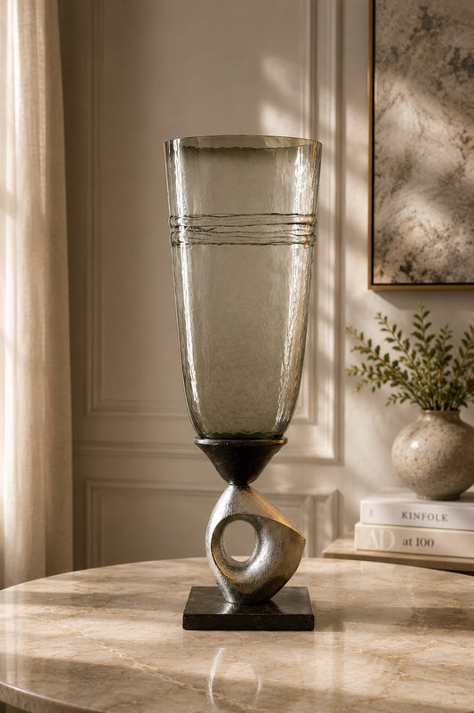 Smoky Glass Vase with Artistic Metal Base - Medium