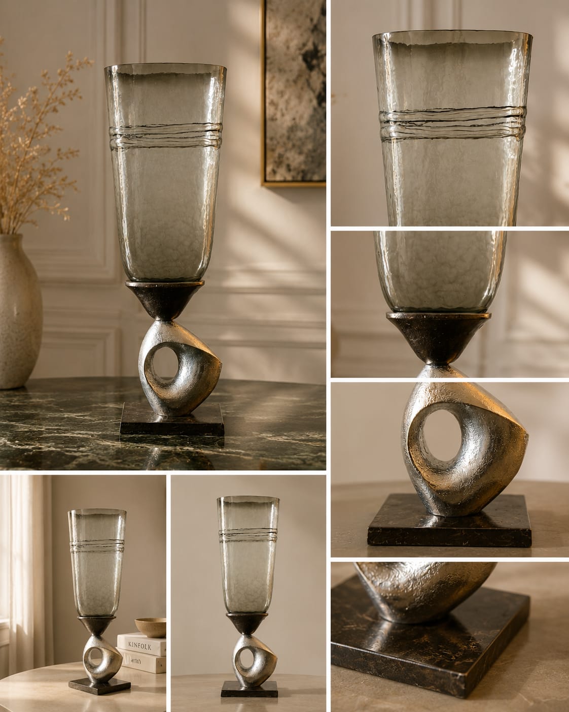 Smoky Glass Vase with Artistic Metal Base - Medium