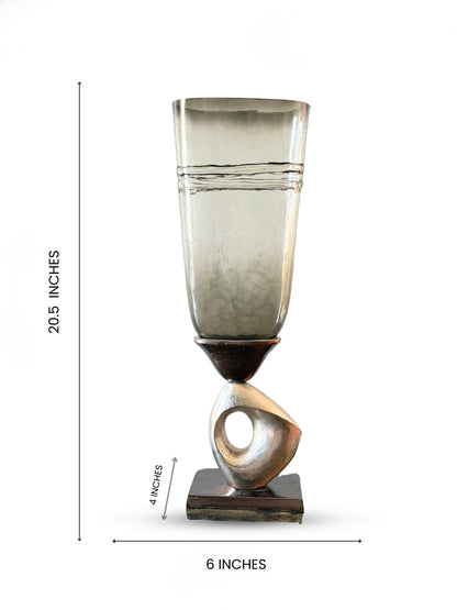 Smoky Glass Vase with Artistic Metal Base - Medium