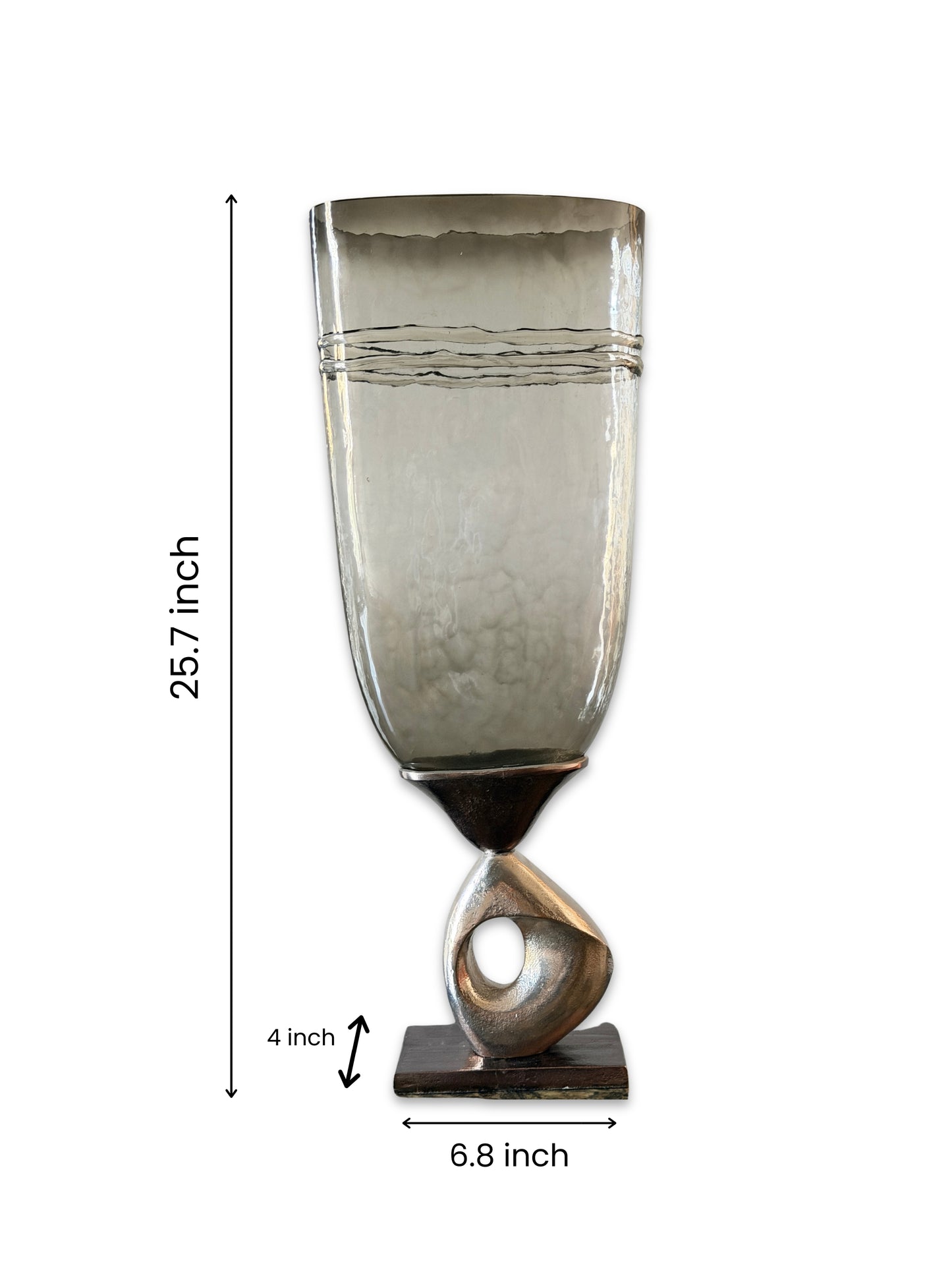Smoky Glass Vase with Sculptural Metal Base - Large