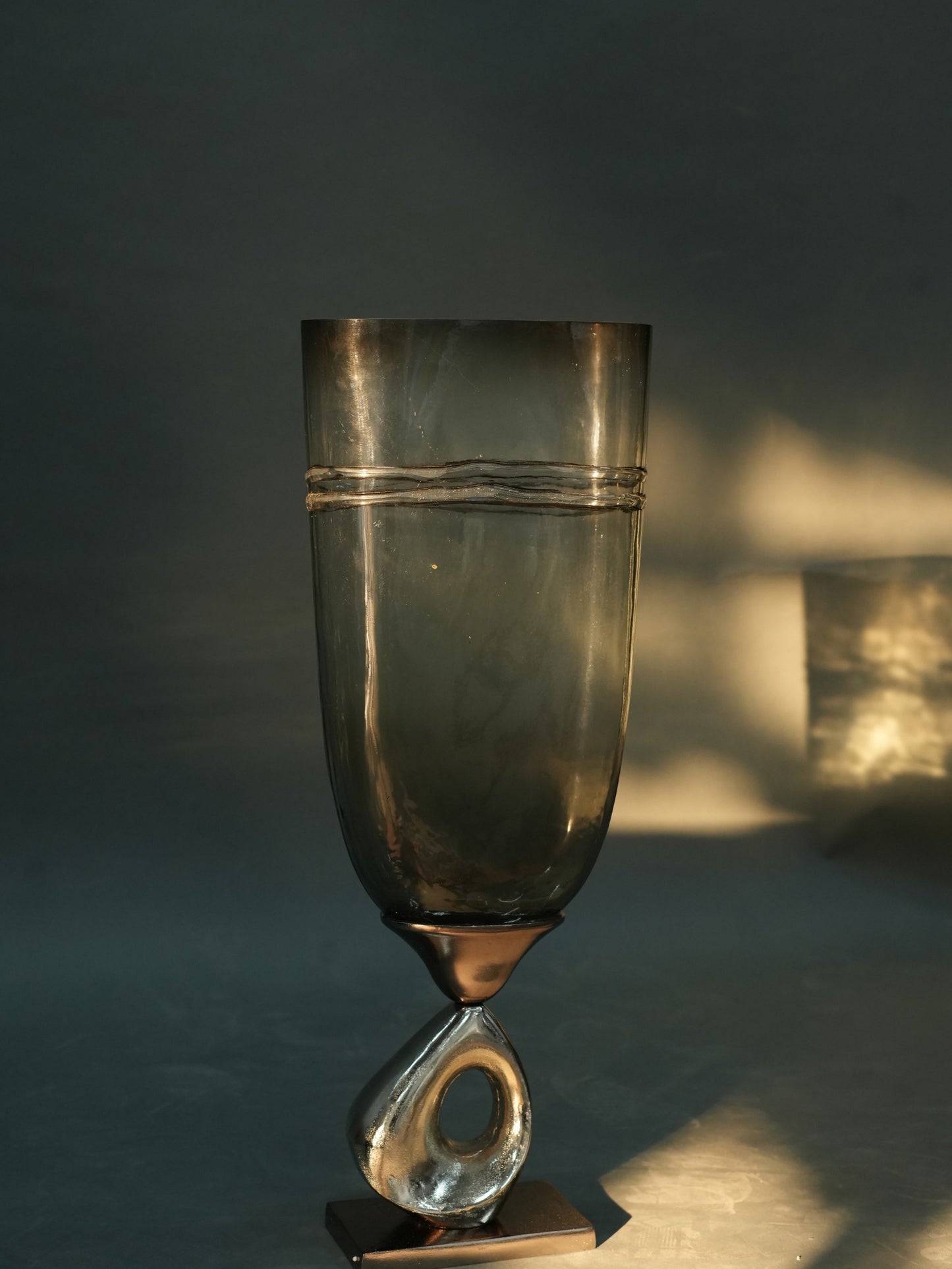 Smoky Glass Vase with Sculptural Metal Base - Large