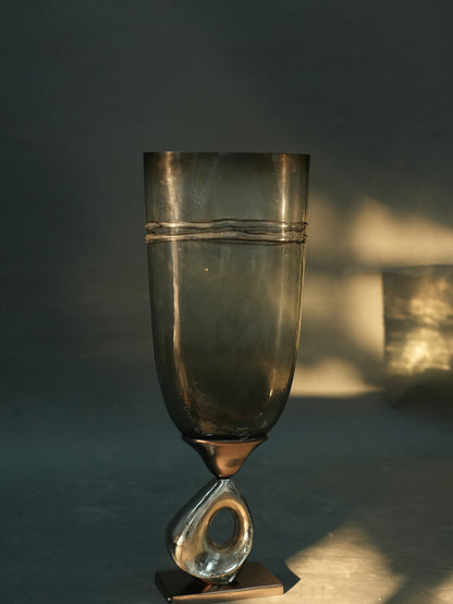 Smoky Glass Vase with Sculptural Metal Base - Large