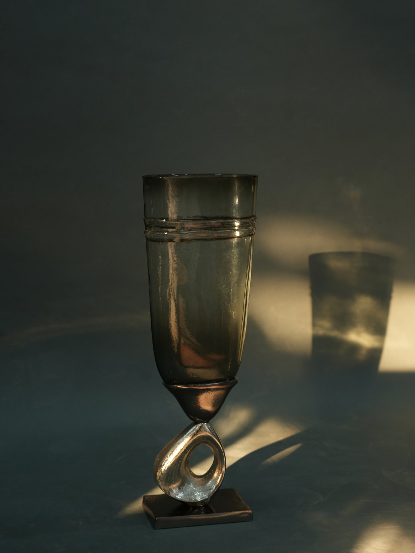 Smoky Glass Vase with Artistic Metal Base - Medium