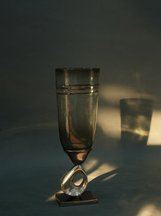 Smoky Glass Vase with Artistic Metal Base - Medium